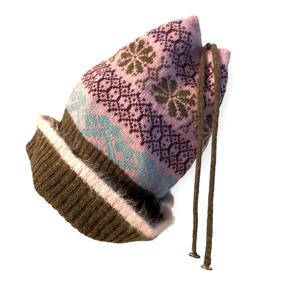 Renaud England Fair Isle Knit Beanie Hat Tassels Lambswool Angora Pink Brown - Picture 6 of 9